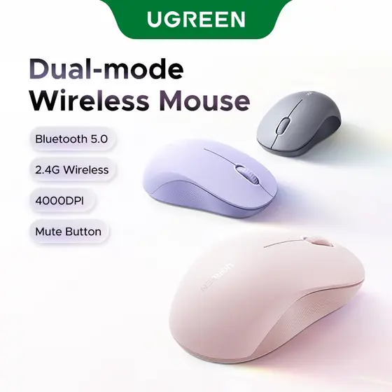 Mouse Sem Fio UGREEN 3 Botões Silencioso 2.4G Com Mini Receptor USB Configurações De DPI De 4 Níveis 4000DPI Bluetooth M