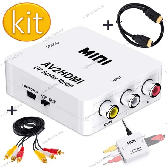 Super Kit Adaptador Conversor Av Rca Áudio Vídeo Para Hdmi Com Cabo Hdmi 1m E Cabo Rca
