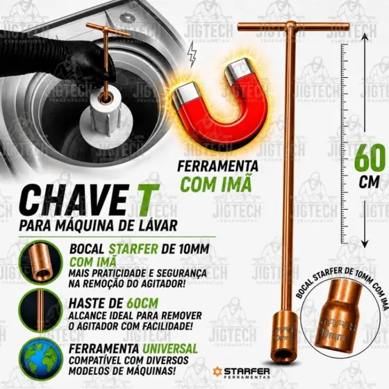 Chave T 10mm com Imã Para Agitador de Máquina de Lavar - Haste de 60cm.