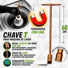 Chave T 10mm com Imã Para Agitador de Máquina de Lavar - Haste de 60cm.