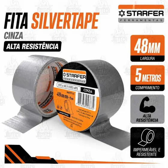 Fita Silver Tape STARFER 5mx48mm - Fita Adesiva Multiuso Reforçada com Tecido - Resistente para Reparos em Geral