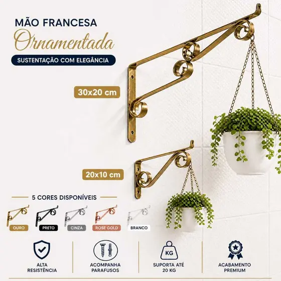 Mão Francesa de Ferro Colonial Ornamentada - Suporte para Plantas e Prateleiras