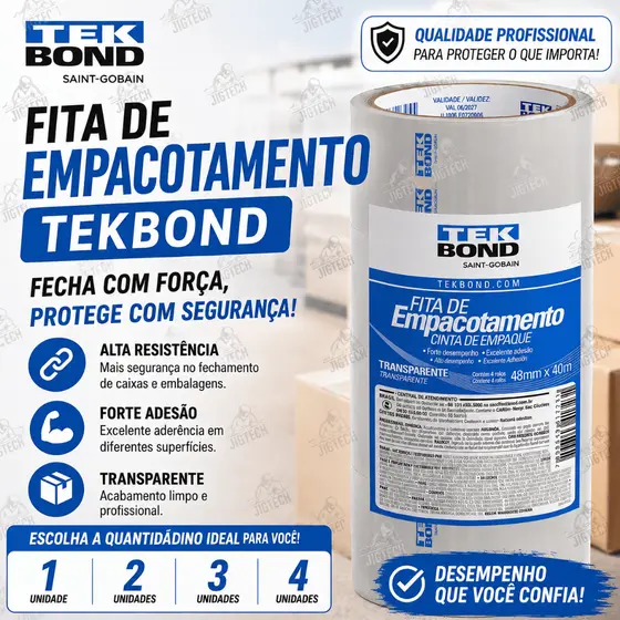 Fita Adesiva Forte Caixas 48mmx40m TekBond - 1, 2, 3 ou 4 Unidades | Durex de Resistência p/ Embalar