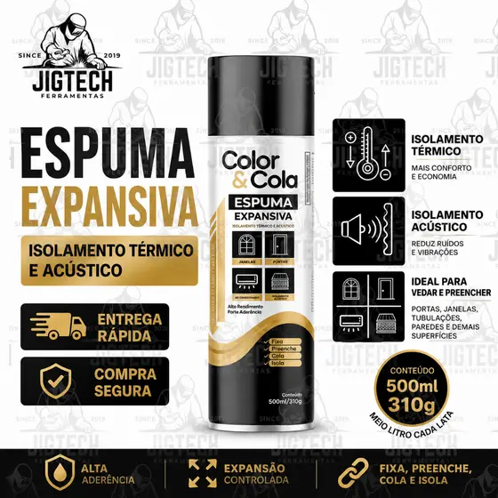 Espuma Expansiva Poliuretano Profissional COLOR & COLA 500ml Aderência Rápida - Isolamento Térmico e Acústico.