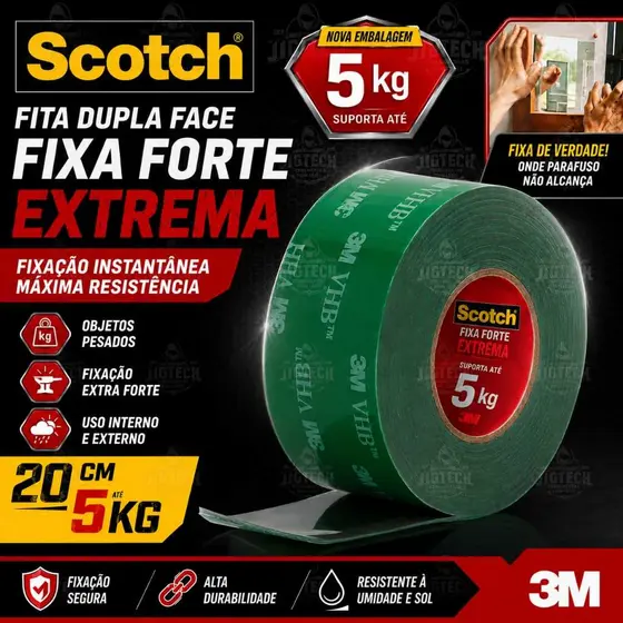 Fita Dupla Face Fixa Forte Extrema 3M Scotch c/ 2 metros - Fixação Extrema, Uso Interno e Externo, Suporta até 5kg