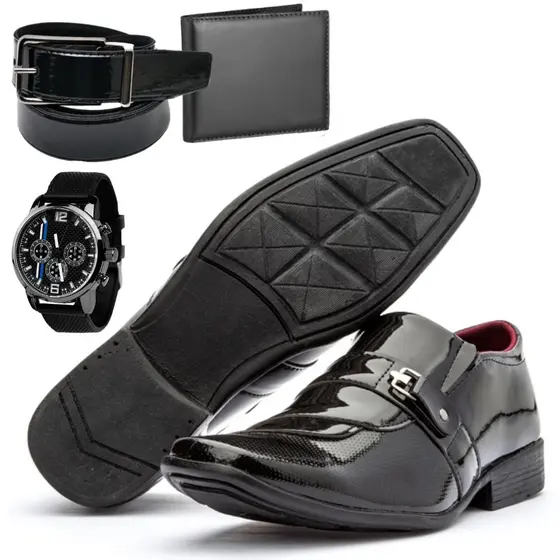 Kit 4 em 1 Sapato Social Masculino Com Carteira Cinto E Relógio
