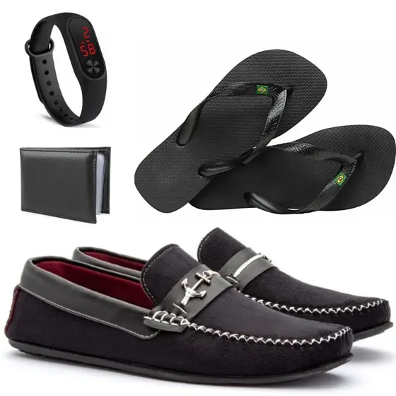 Kit 4 em 1 Mocassim masculino de camurça + chinelo + carteira e relógio