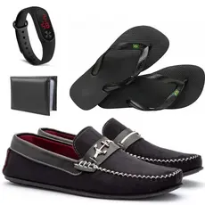 Kit 4 em 1 Mocassim masculino de camurça + chinelo + carteira e relógio
