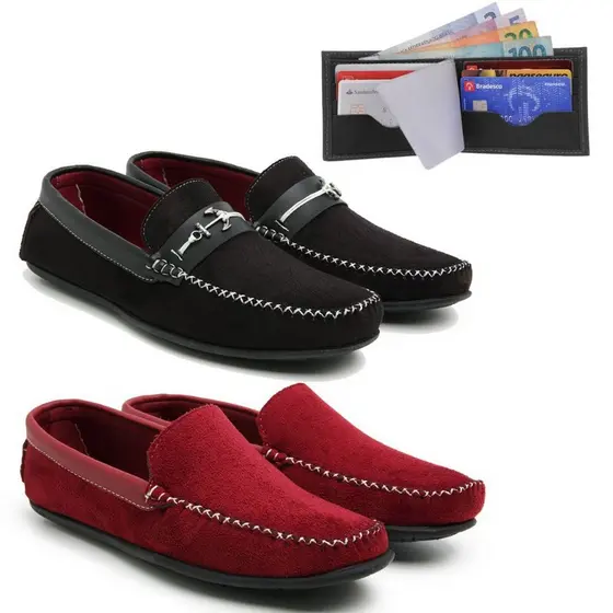 Kit Com 2 Pares de Mocassim Mais Carteira Porta Documento De Brinde