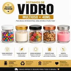 Pote de Vidro com Tampa Hermético Tempero Vela Decoração Alimentos Geleinha Kit 40ml