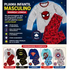 Pijama Infantil Masculino Personagens Manga Longa Inverno 4 a 10 anos