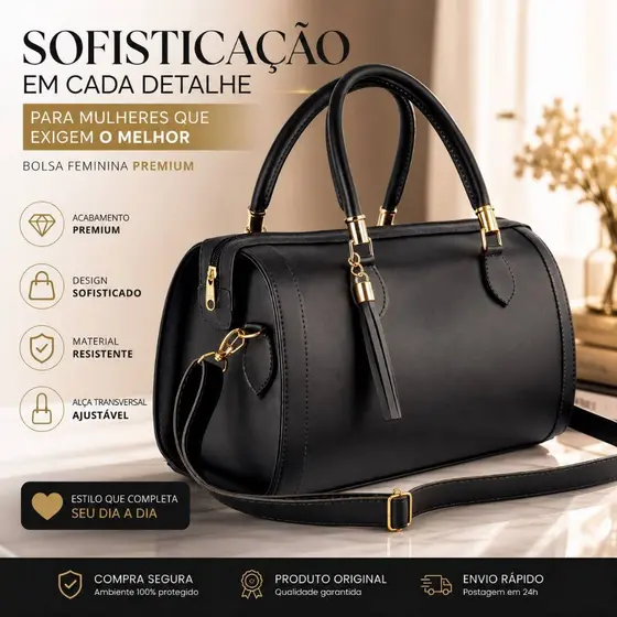 Bolsa Feminina Preta Luxuosa Estruturada Ideal para Todas Ocasiões