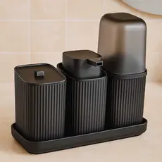 Kit Banheiro 3 Pecas Com Bandeja Dispenser  Porta Algodão Porta Escovas E Porta Sabonete Liquido  De 400 Ml Decoração