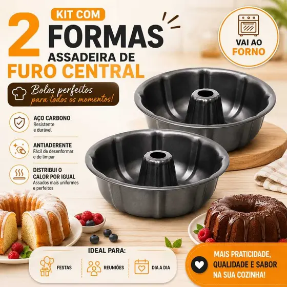 Kit Com 2 Formas Assadeiras Teflon Para Bolos Tortas Pudim Não Gruda Antiaderente Formas Bolo Pudim
