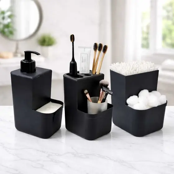 Kit Banheiro 3 Pecas Com Porta Sabonete Liquido E Esponja + Porta Algodão + Porta Escovas Dentes Pasta Decoração Moderno