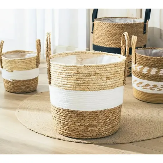 Cestos Palha Rattan Cachepot Vime Boho Decoração Rustico Varios Tamanhos Plastificado