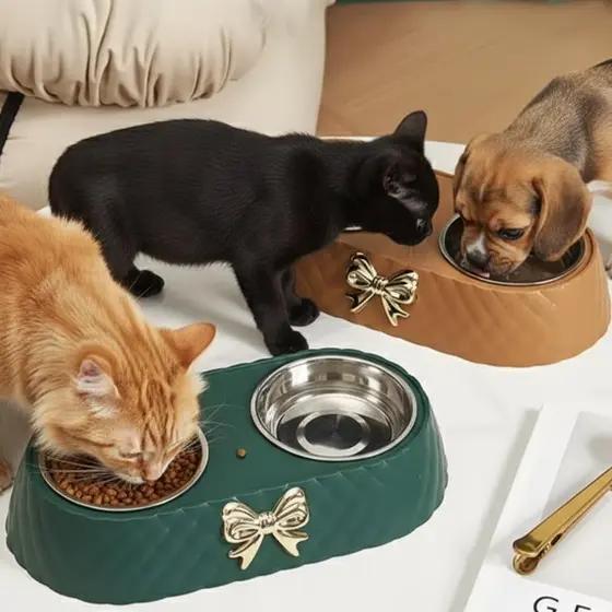 Comedouro Duplo Luxo para Cães e Gatos – Tigela Inox Removível Fácil de Lavar