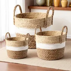 Kit 3 Cestos ou Vaso Palha Rattan Cachepot Vime Boho Decoração Rustico Plastificado