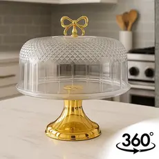 Bandeja Boleira de Acrílico com Tampa e Base Giratória 360°Luxo Dourada