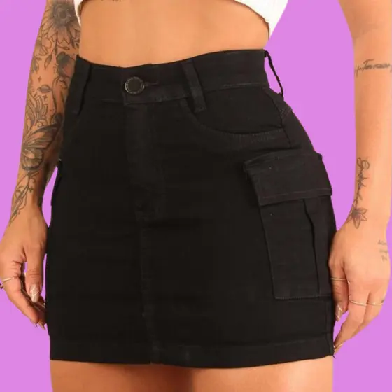Saia Cargo Curta Cós Alto - Com Lycra e sarja que levanta bumbum - bege, marrom ou preto