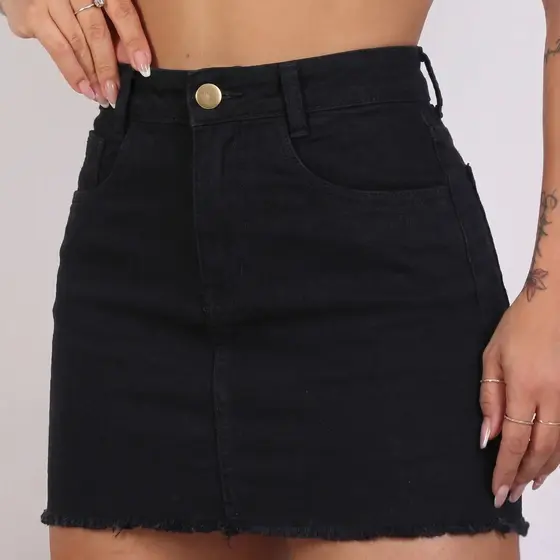 Saia preta destroyed cintura alta - levanta bumbum casual com lycra modela ao corpo feminino