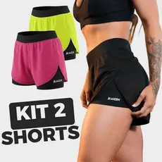 KIT COM 2 SHORTS FEMININO 2 EM 1 FEMININO DRY FIT C/ Bolso Porta Celular Kaizen Academia, Treino