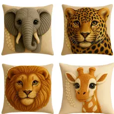Kit 4 Capas de Almofada Safari Infantil 45x45cm Animais 3D Decorativos Zoo Sala Quarto