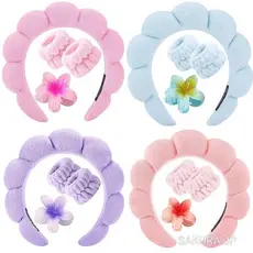 KIT 4 PCS Acessórios de Skincare Spa Feminino - Tiara Nuvem, Faixa de Pulso, Presilha de Flor