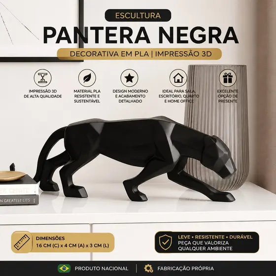 Escultura Pantera Negra Decorativa 3D em PLA | Estátua Moderna para Sala, Escritório e Home Decor