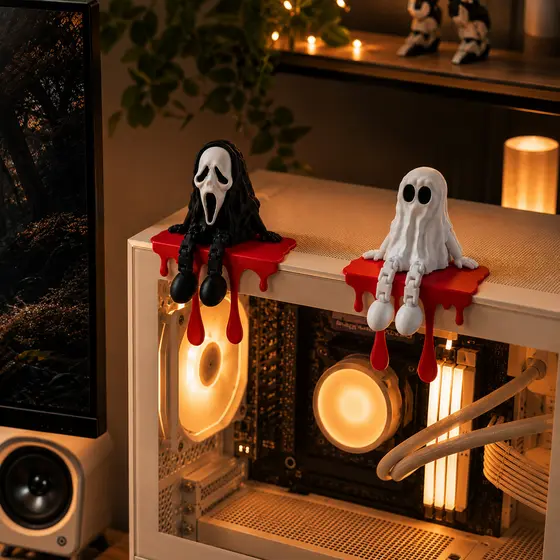 Kit 2 Fantasmas Articulados Geek Gamer Decorativo Halloween Setup Mesa Preto Branco Decoração