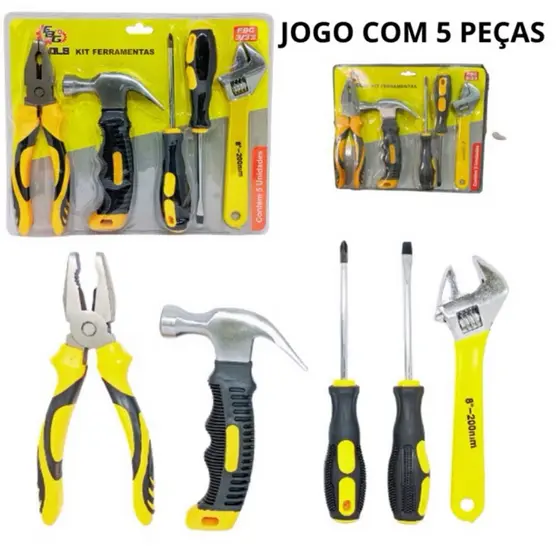JOGO FERRAMENTAS COM 5 PEÇAS ALICATE/MARTELO/CHAVE FENDA/CHAVE PHILIPS/ CHAVE INGLESA REGULÁVEL
