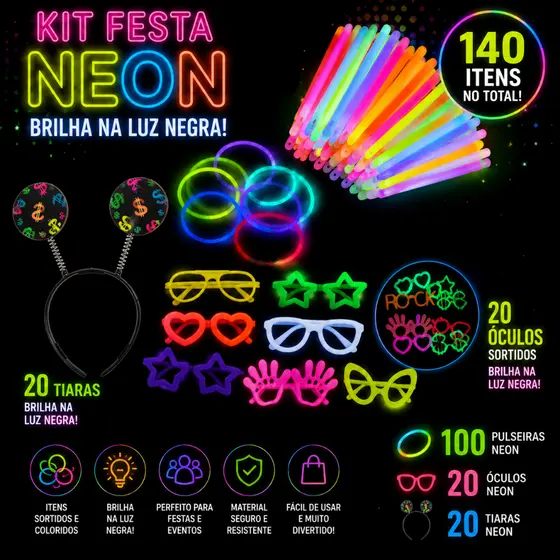 Kit Balada Festa Neon Completo 140 Peças Pulseiras Óculos Tiaras Luz Negra Aniversário Casamento