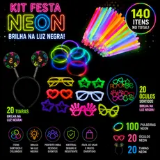 Kit Balada Festa Neon Completo 140 Peças Pulseiras Óculos Tiaras Luz Negra Aniversário Casamento