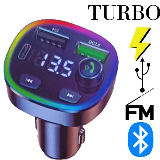 Carregador Veicular Turbo TRANSMISSOR FM BLUETOOTH 3.0 ÁUDIO MP3 PLAYER, QC3.0 RÁPIDO USB C