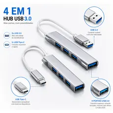 HUB USB-C Extensor 4 Portas Adaptador 3.0 PC Notebook Type C