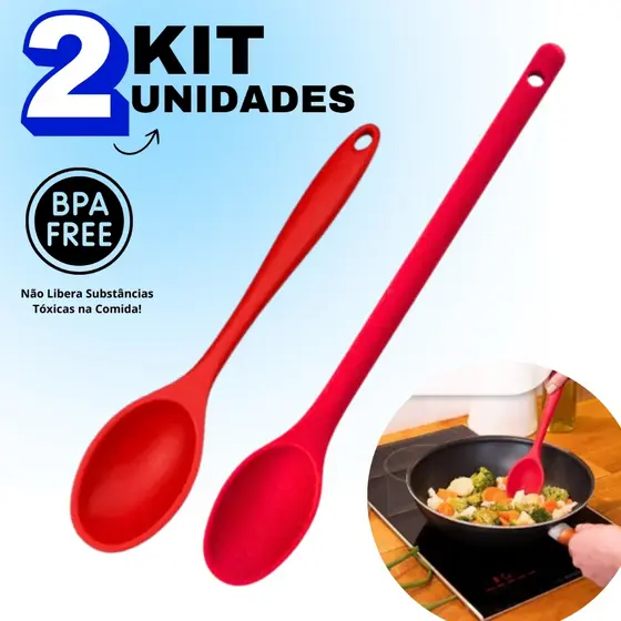 Kit De Utensílios 2 Colheres de Silicone 26,8cm E 30cm Grande e Pequena