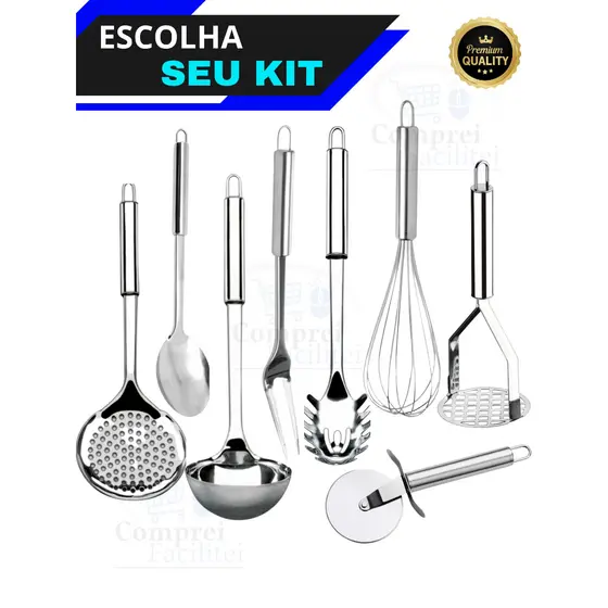 Conjunto De Utensílios De Cozinha 100% Inox Talheres Escumadeira