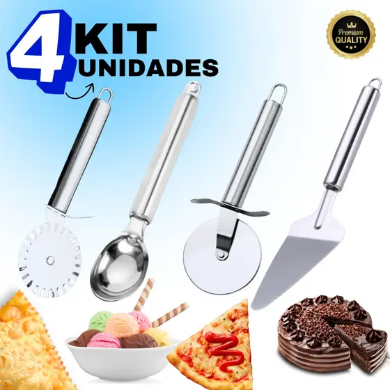 Kit 4 Peças Carretilhas Cortador De Massas Pastel e Pizza Colher De Sorvete e Espátula de Bolo