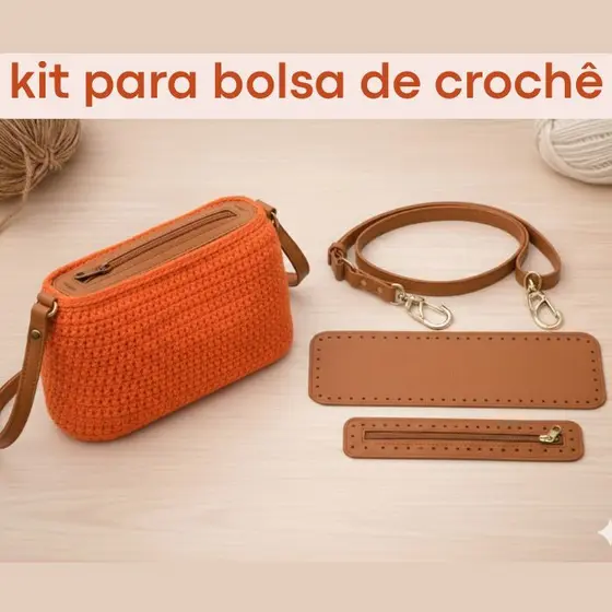 Kit para Bolsa de Crochê em Couro Sintético – Alça, Fundo Retangular e Zíper | Metais ouro velho