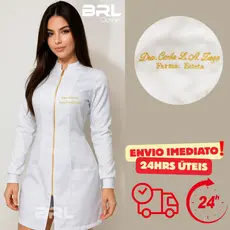 Jaleco Feminino Branco Zíper Dourado Personalizado – BORDADO Nome e Profissão Inclusos SOMENTE ESCRITA – BRASÃO A PARTE.