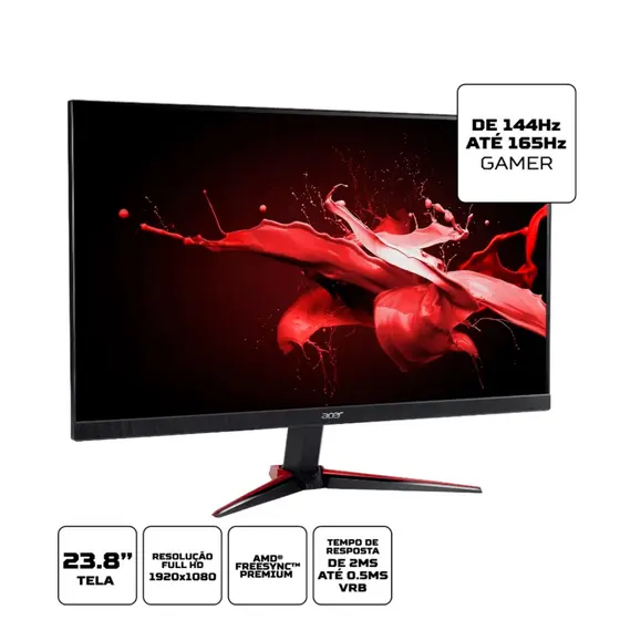 Monitor Acer 23.8", Full HD, HDMI/DisplayPort, HDR, 0.5ms, 165Hz, - VG240Y S Preto / Vermelho Bivolt UM.QV0AA.S02