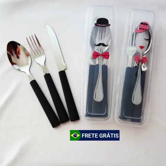 Conjunto Kit Talheres em Inox com Estojo Case Moderno Prático Seguro para levar na Bolsa Viagem Trabalho Marmita Escola