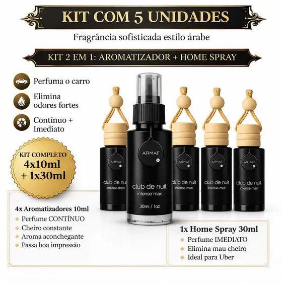 Kit 5 Peças Aromatizante Automotivo – 4x 10ml + 1x 30ml Cheirinho Árabe | Escolha sua Fragrância