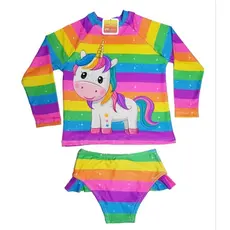 Conjunto Kit de Biquíni Infantil com Blusa Proteção Solar UV 50+ Sereia Unicórnio Praia Piscina Natação Menina Infantil