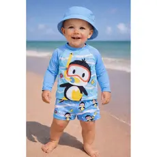 Conjunto Bebê UV FPU50 Proteção Solar com Chapéu Praia Piscina Natação Blusa Sunga