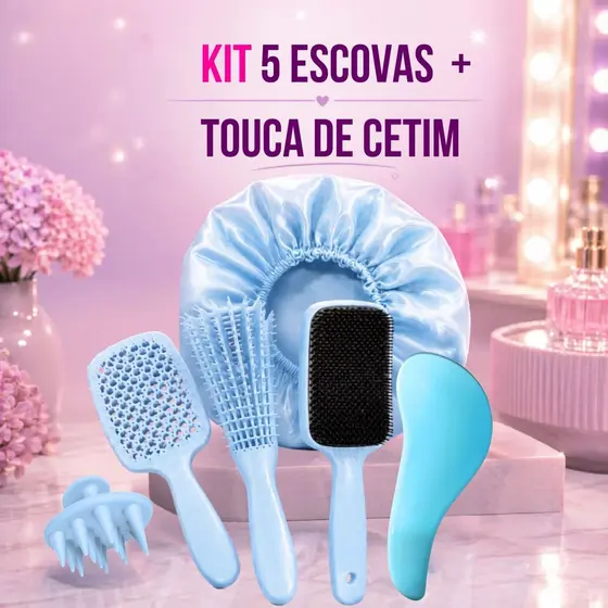 Kit 5 Escovas Cabelo Escova Polvo Mágica Raquete Vazada Touca Cetim