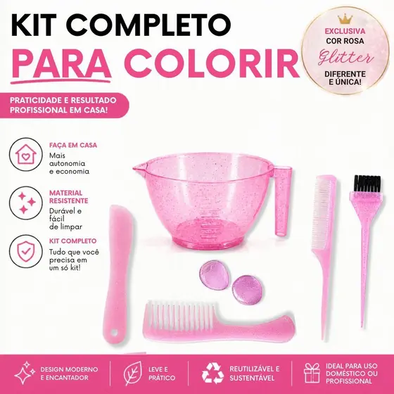 Kit Tintura Cabelo Profissional Rosa Glitter 6 Peças Pincel Cumbuca Pente Espátula Protetor Orelha
