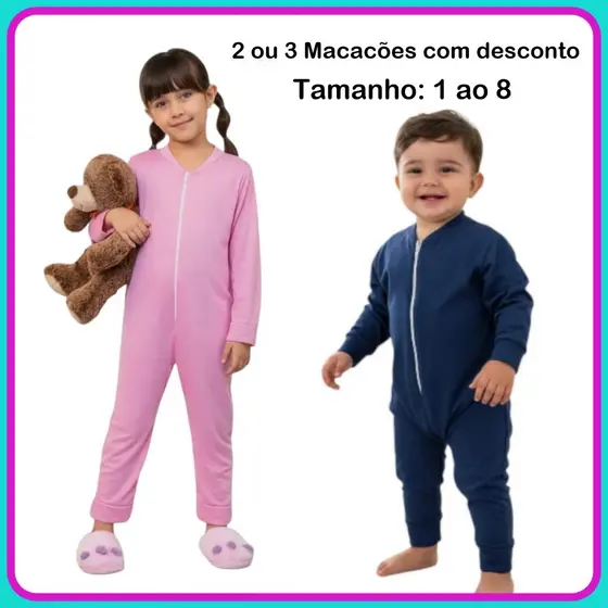 1, 2 ou 3 Macacão Com Zíper Malha Fria Pijama Infantil 1 ao 8 Menino e Menina