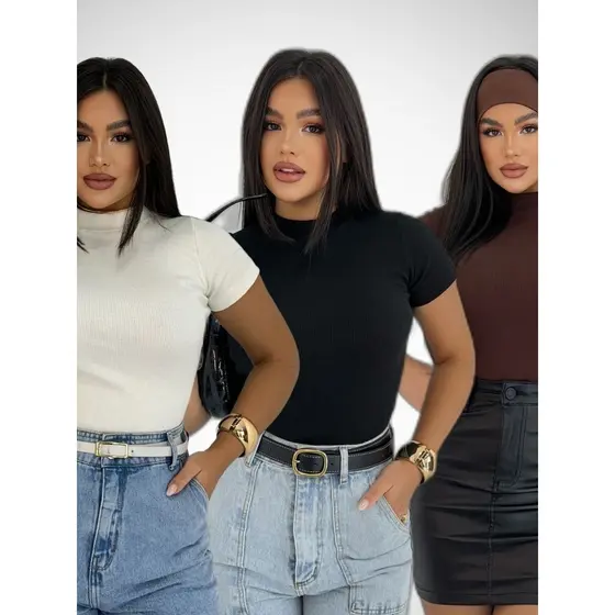 Camiseta Blusa Básica  Canelada Ribana Premium Casual Moda Gringa Gola Alta Promoção