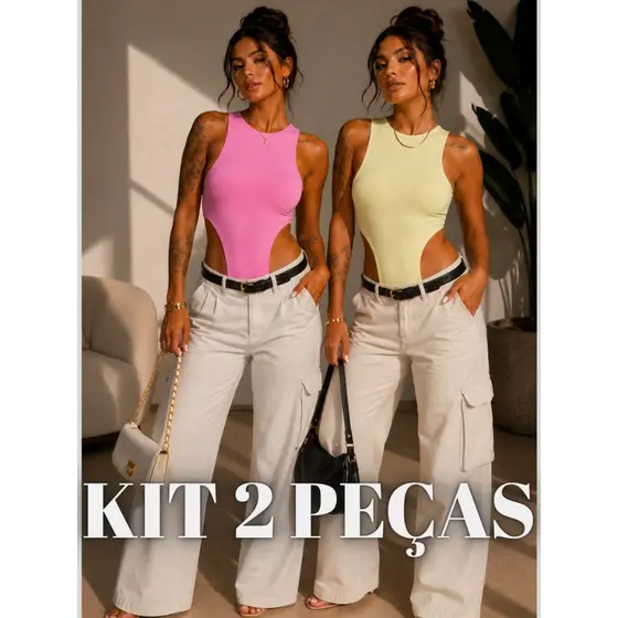 Kit 2 Body Feminimo Cavado Asa Delta Gola U Modelo Regata Collant Gringa Forro Duplo Tecido Suplex